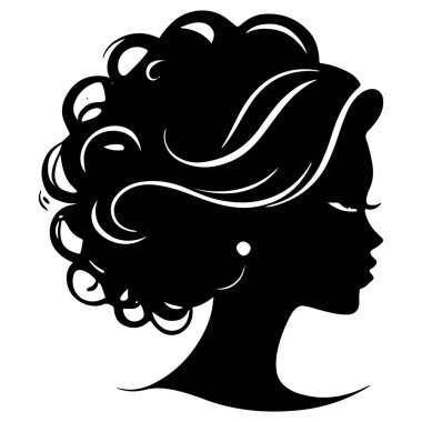  Siyah vektör güzel kadın profil silueti - moda veya güzellik çizimi, güzellik salonu tasarımı için dekoratif moda kızı. Güzel bir kadın silueti. Dalgalı, kalın saçlı genç kız. Vektör saç biçimi simgesi