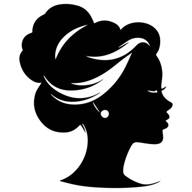  Siyah vektör güzel kadın profil silueti - moda veya güzellik çizimi, güzellik salonu tasarımı için dekoratif moda kızı. Güzel bir kadın silueti. Dalgalı, kalın saçlı genç kız. Vektör saç biçimi simgesi