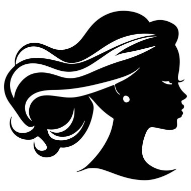  Siyah vektör güzel kadın profil silueti - moda veya güzellik çizimi, güzellik salonu tasarımı için dekoratif moda kızı. Güzel bir kadın silueti. Dalgalı, kalın saçlı genç kız. Vektör saç biçimi simgesi
