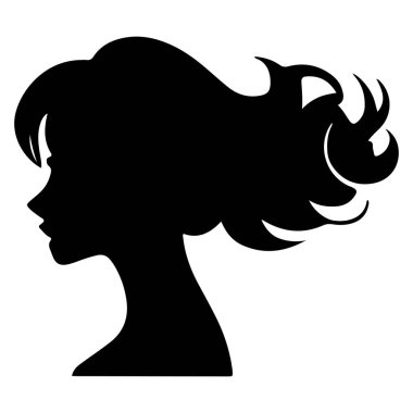 Siyah vektör güzel kadın profil silueti - moda veya güzellik çizimi, güzellik salonu tasarımı için dekoratif moda kızı. Güzel bir kadın silueti. Dalgalı, kalın saçlı genç kız. Vektör saç biçimi simgesi