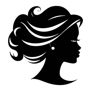  Siyah vektör güzel kadın profil silueti - moda veya güzellik çizimi, güzellik salonu tasarımı için dekoratif moda kızı. Güzel bir kadın silueti. Dalgalı, kalın saçlı genç kız. Vektör saç biçimi simgesi
