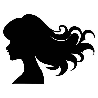  Siyah vektör güzel kadın profil silueti - moda veya güzellik çizimi, güzellik salonu tasarımı için dekoratif moda kızı. Güzel bir kadın silueti. Dalgalı, kalın saçlı genç kız. Vektör saç biçimi simgesi