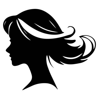  Siyah vektör güzel kadın profil silueti - moda veya güzellik çizimi, güzellik salonu tasarımı için dekoratif moda kızı. Güzel bir kadın silueti. Dalgalı, kalın saçlı genç kız. Vektör saç biçimi simgesi