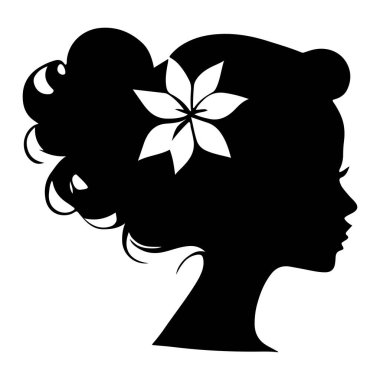  Siyah vektör güzel kadın profil silueti - moda veya güzellik çizimi, güzellik salonu tasarımı için dekoratif moda kızı. Güzel bir kadın silueti. Dalgalı, kalın saçlı genç kız. Vektör saç biçimi simgesi