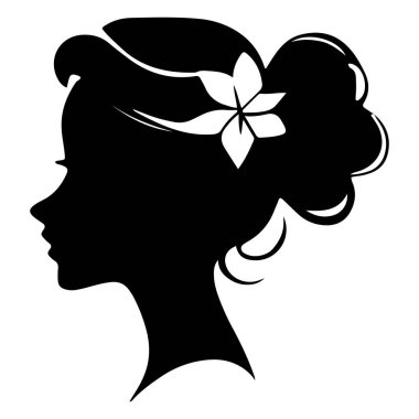  Siyah vektör güzel kadın profil silueti - moda veya güzellik çizimi, güzellik salonu tasarımı için dekoratif moda kızı. Güzel bir kadın silueti. Dalgalı, kalın saçlı genç kız. Vektör saç biçimi simgesi