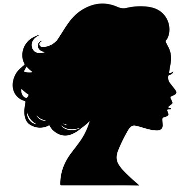  Siyah vektör güzel kadın profil silueti - moda veya güzellik çizimi, güzellik salonu tasarımı için dekoratif moda kızı. Güzel bir kadın silueti. Dalgalı, kalın saçlı genç kız. Vektör saç biçimi simgesi