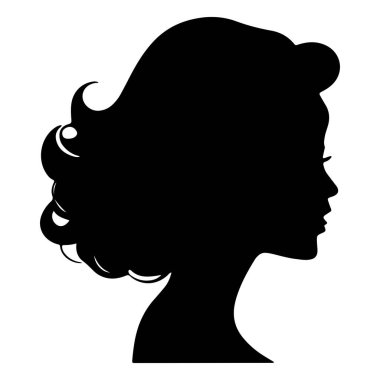  Siyah vektör güzel kadın profil silueti - moda veya güzellik çizimi, güzellik salonu tasarımı için dekoratif moda kızı. Güzel bir kadın silueti. Dalgalı, kalın saçlı genç kız. Vektör saç biçimi simgesi