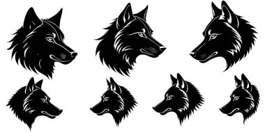 Bir kurt başı siluet vektörünün kümesi