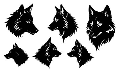 Bir kurt başı siluet vektörünün kümesi