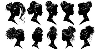 Farklı saç stilleri olan bir grup vektör kadın kafası - moda ve güzellik çizimi