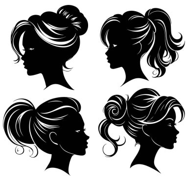 Farklı saç stilleri olan bir grup vektör kadın kafası - moda ve güzellik çizimi