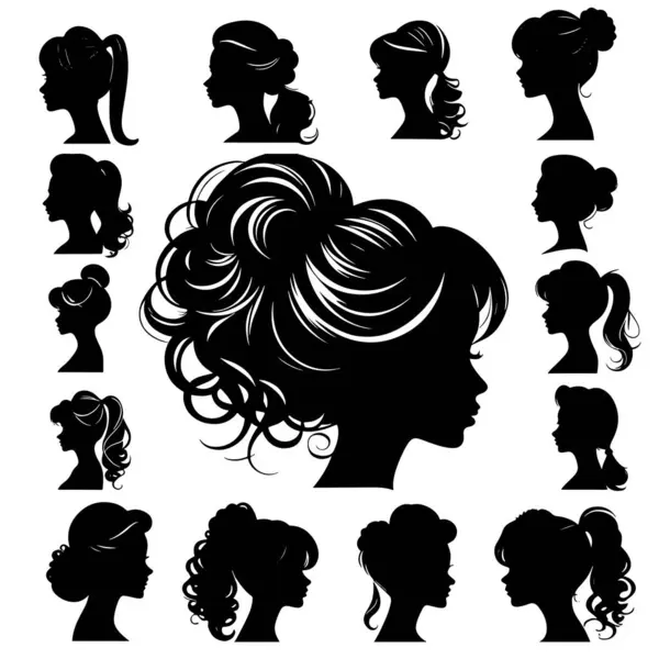 stock vector Set of vector woman head with different hairstyles silhouettes - fashion and beauty illustration