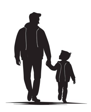 Baba ve küçük oğulun silueti birlikte yürüyorlar..