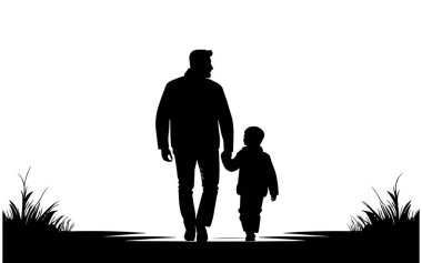 Doğada oğlu olan bir babanın silueti..