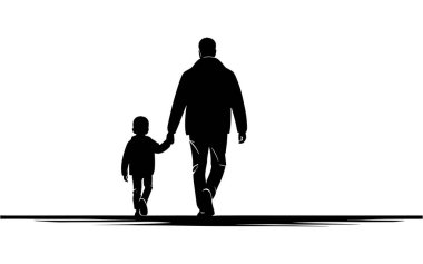Baba, çocuk ve çocuğun silueti yolda yürüyor, aile kavramı, vektör illüstrasyonu