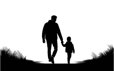 Mutlu baba ve oğlunun silueti gün batımında parkta..