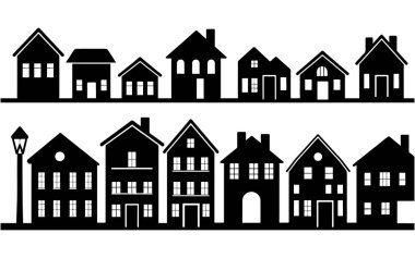 Beyaz arka planda şehir evlerinin vektör silueti.
