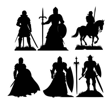 Ortaçağ savaşçısı, şövalye, şövalye ve kılıç. Beyaz arkaplanda izole edilmiş vektör illüstrasyonu.