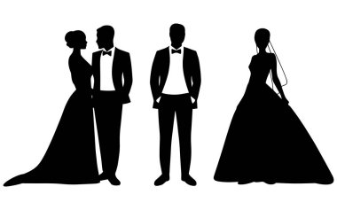 Gelinlik, erkek ve kadın siluet vektör çizimi