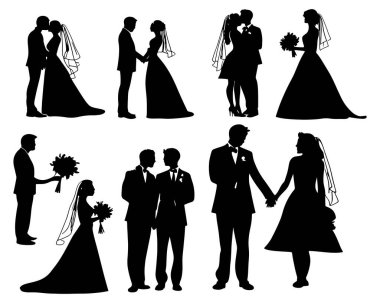 düğün çifti silueti simgeleri ayarlandı