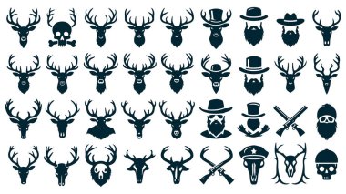 Boynuzcular Siluet Vektör Simgesi Seti, Geyik Boynuzları Koleksiyonu - Beyaz Arkaplanda İzole Edildi