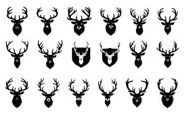 Boynuzcular Siluet Vektör Simgesi Seti, Geyik Boynuzları Koleksiyonu - Beyaz Arkaplanda İzole Edildi