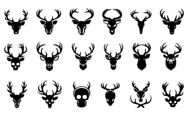 Boynuzcular Siluet Vektör Simgesi Seti, Geyik Boynuzları Koleksiyonu - Beyaz Arkaplanda İzole Edildi