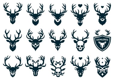 Boynuzcular Siluet Vektör Simgesi Seti, Geyik Boynuzları Koleksiyonu - Beyaz Arkaplanda İzole Edildi