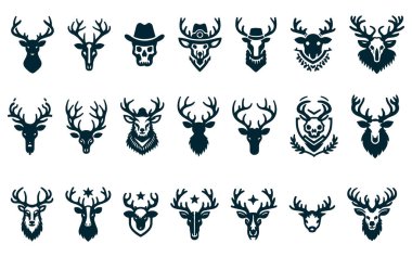 Boynuzcular Siluet Vektör Simgesi Seti, Geyik Boynuzları Koleksiyonu - Beyaz Arkaplanda İzole Edildi