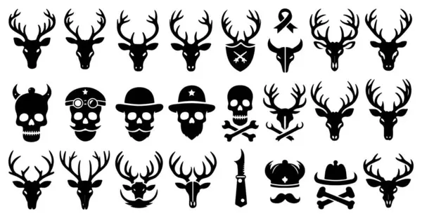 Boynuzcular Siluet Vektör Simgesi Seti, Geyik Boynuzları Koleksiyonu - Beyaz Arkaplanda İzole Edildi