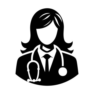 Steteskop ve konuşma balonu ikonu olan kadın doktor.