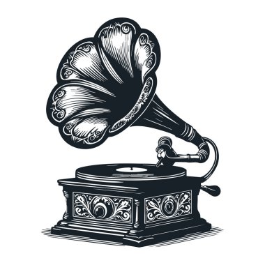 Klasik gramofon vektör çizimi. El çizimi müzik gramofonu izole