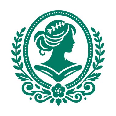 Kadının vektör logosu ve kızın tacı. Kurdeleli bir kadın kafası, bir kız ve yeşil yapraklı bir çelenk.