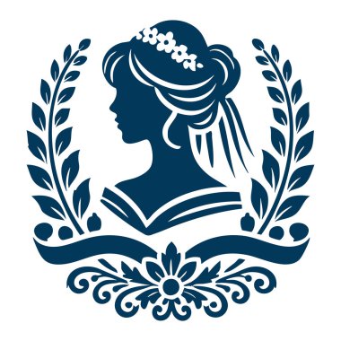 Kadın silueti. Laurel Crown 'un baş tacı. Kurdele vektör illüstrasyonuyla.