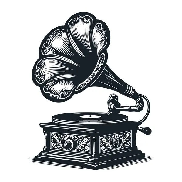 Klasik gramofon vektör çizimi. El çizimi müzik gramofonu izole
