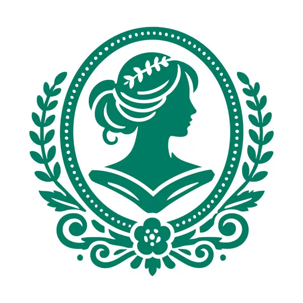 Kadının vektör logosu ve kızın tacı. Kurdeleli bir kadın kafası, bir kız ve yeşil yapraklı bir çelenk.