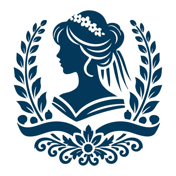 Kadın silueti. Laurel Crown 'un baş tacı. Kurdele vektör illüstrasyonuyla.