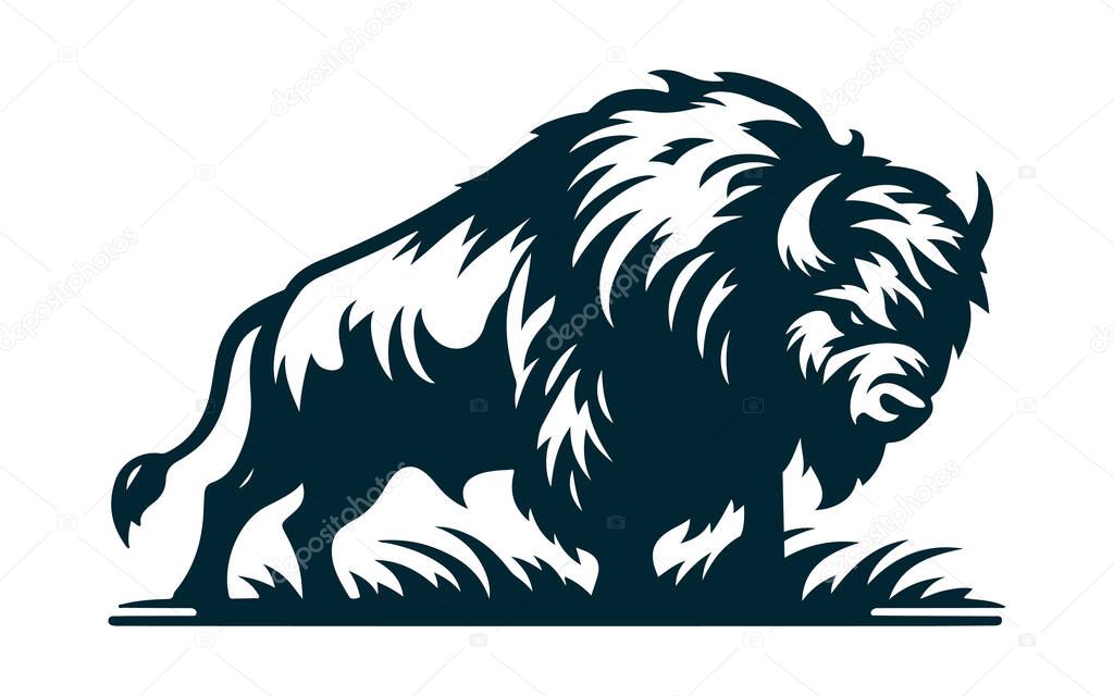 Angry Bison Silhouette Vector on White,Wild Bison Vector Illustration Isolated,Aggressive Bison Silhouette Black Vector