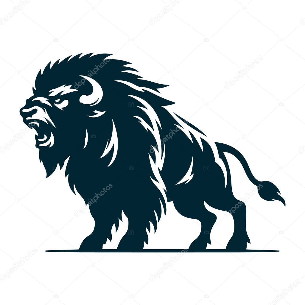 Angry Bison Silhouette Vector on White,Wild Bison Vector Illustration Isolated,Aggressive Bison Silhouette Black Vector