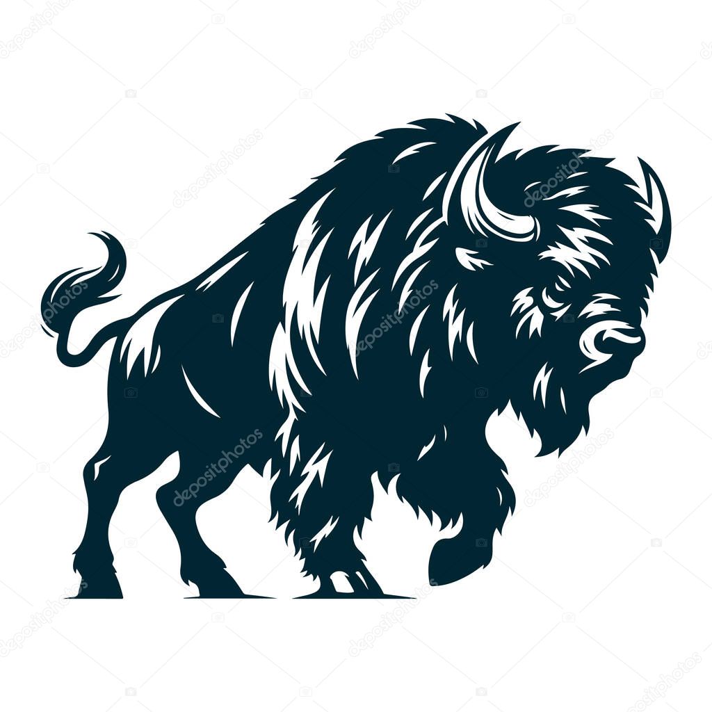 Angry Bison Silhouette Vector on White,Wild Bison Vector Illustration Isolated,Aggressive Bison Silhouette Black Vector