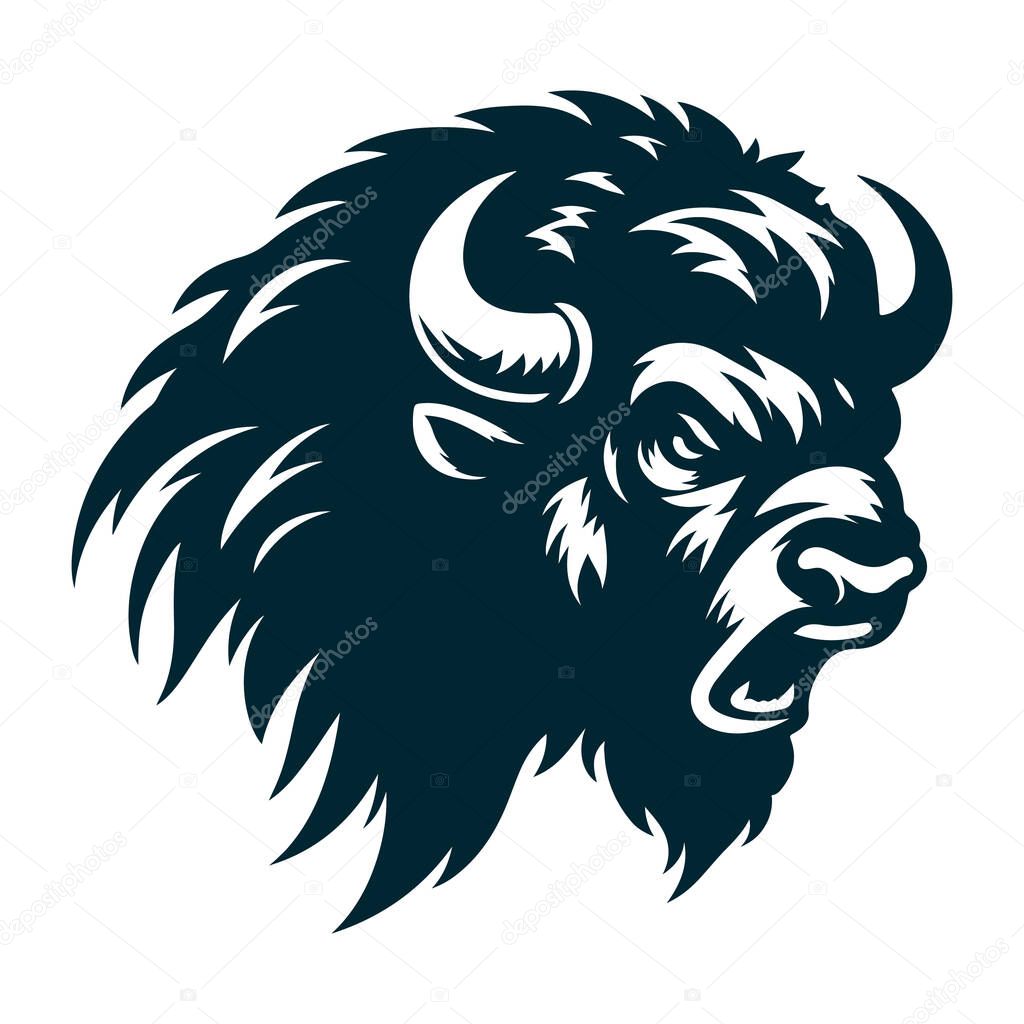 Angry Bison Silhouette Vector on White,Wild Bison Vector Illustration Isolated,Aggressive Bison Silhouette Black Vector