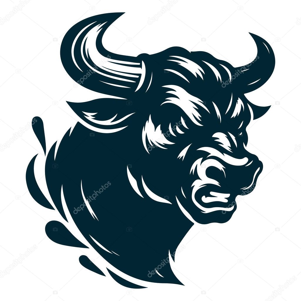 Angry Bull Silhouette Vector on White, Charging Bull Silhouette Vector Image, Aggressive Bull Vector File Isolated