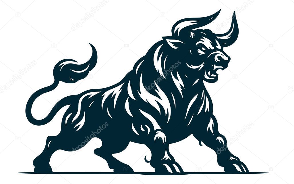 Angry Bull Silhouette Vector on White, Charging Bull Silhouette Vector Image, Aggressive Bull Vector File Isolated