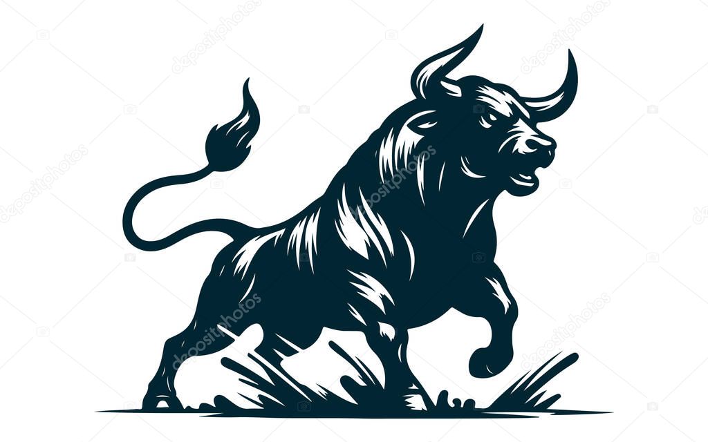 Angry Bull Silhouette Vector on White, Charging Bull Silhouette Vector Image, Aggressive Bull Vector File Isolated