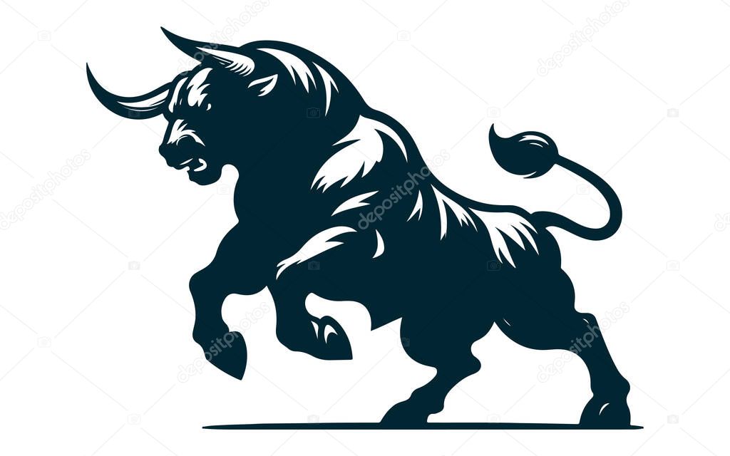 Angry Bull Silhouette Vector on White, Charging Bull Silhouette Vector Image, Aggressive Bull Vector File Isolated