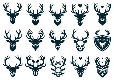 Boynuzlu geyik kafası. vektör kümesi.