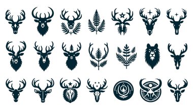 Tüylü, geyik boynuzlu, geyik boynuzlu, geyik, geyik, geyik, geyik, vahşi geyik boynuzlu, vahşi geyik boynuzlu vektör seti.