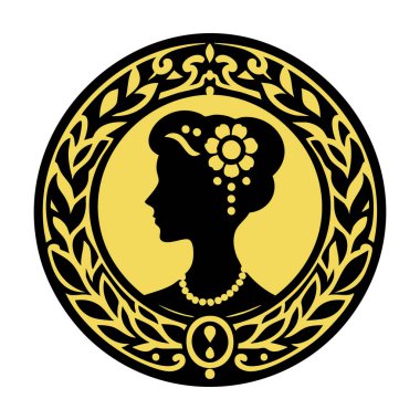 Kadın baş silueti taç ve çiçek ile daire çizimi tasarımı