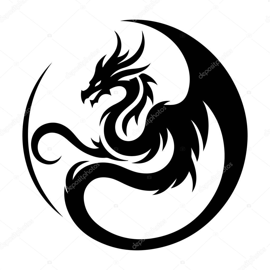 Dragon Logo Silhouette Vector on White Background, Dragon Silhouette Icon for Branding and Logos, Minimalist Dragon Logo in Black Silhouette