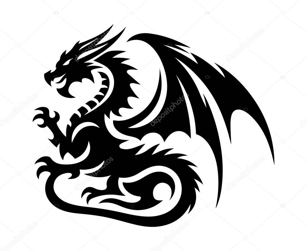 Dragon Logo Silhouette Vector on White Background, Dragon Silhouette Icon for Branding and Logos, Minimalist Dragon Logo in Black Silhouette